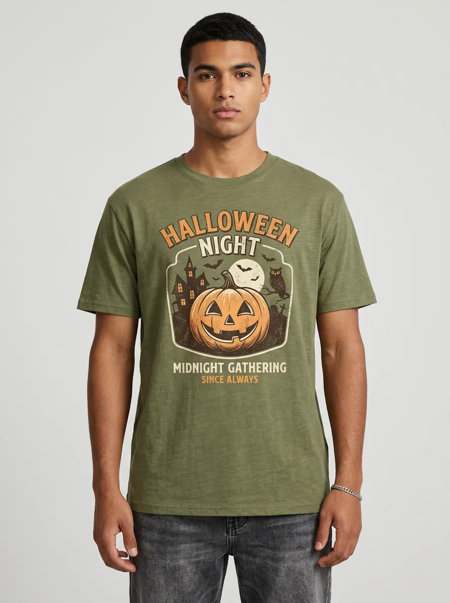 Men's Halloween Pumpkin Haunted House Owl Printed T-shirt