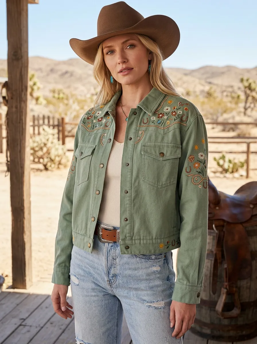 Women's Western Cowgirl Horseshoe Horse Floral Embroidered Denim Jacket