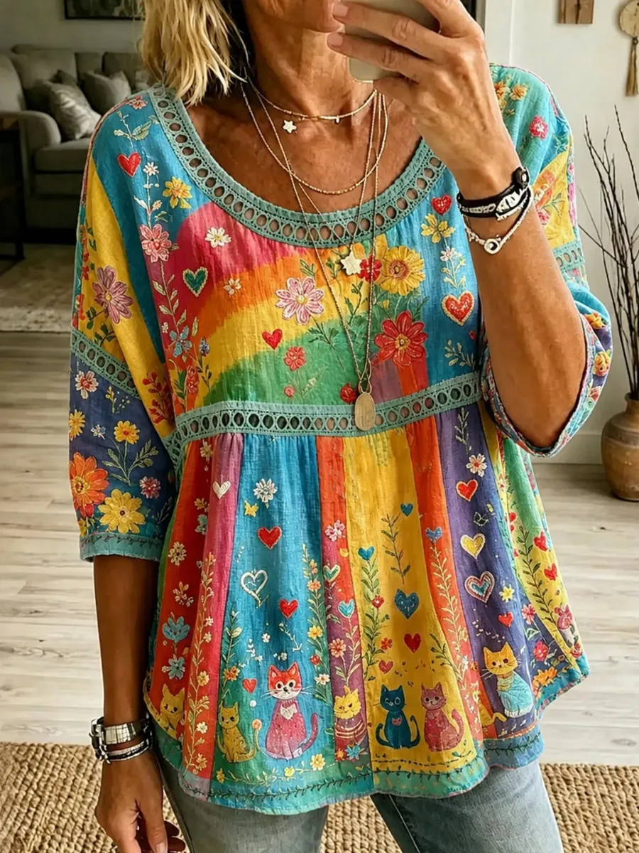 Women'S Casual Cotton Linen Cat Floral Printed Top