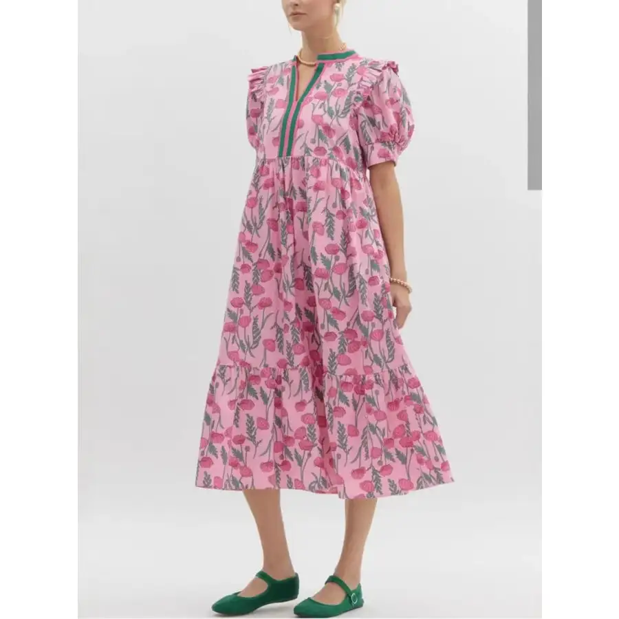 Puff Sleeve Midi Dress with Contrast Trim