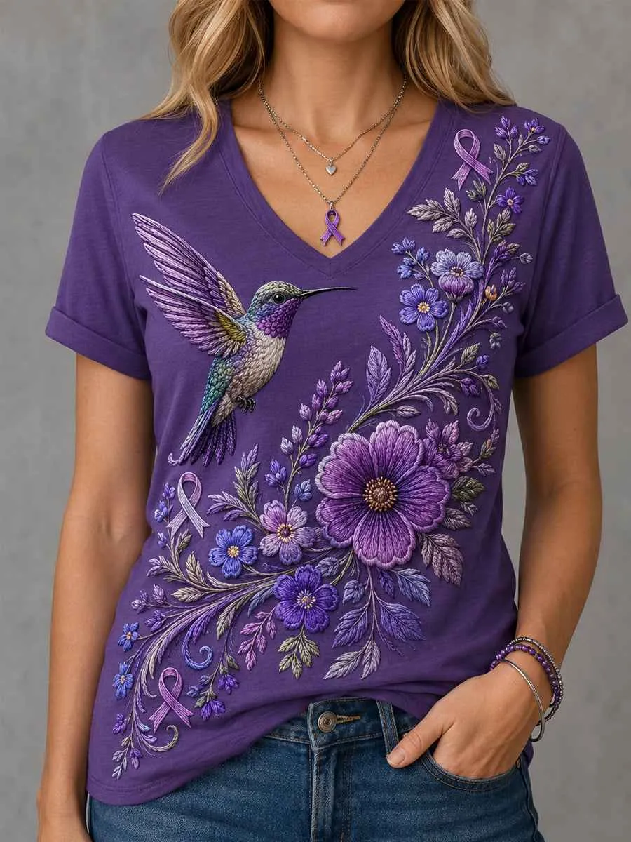Women'S Purple Flower And Hummingbird Printed Alzheimer'S Awareness Support V-Neck T-Shirt