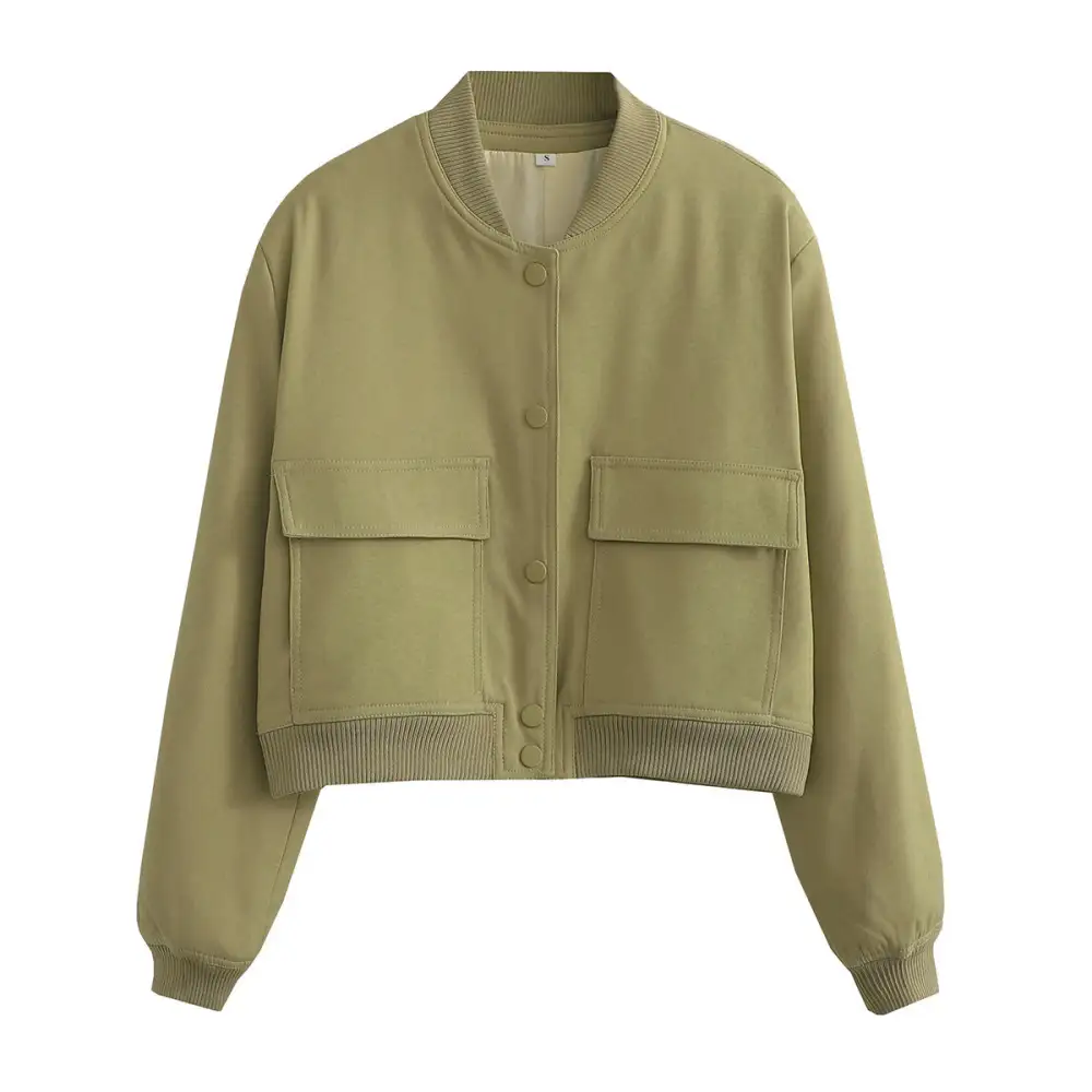 Cropped Flap Pocket Ribbed Trim Bomber Jacket