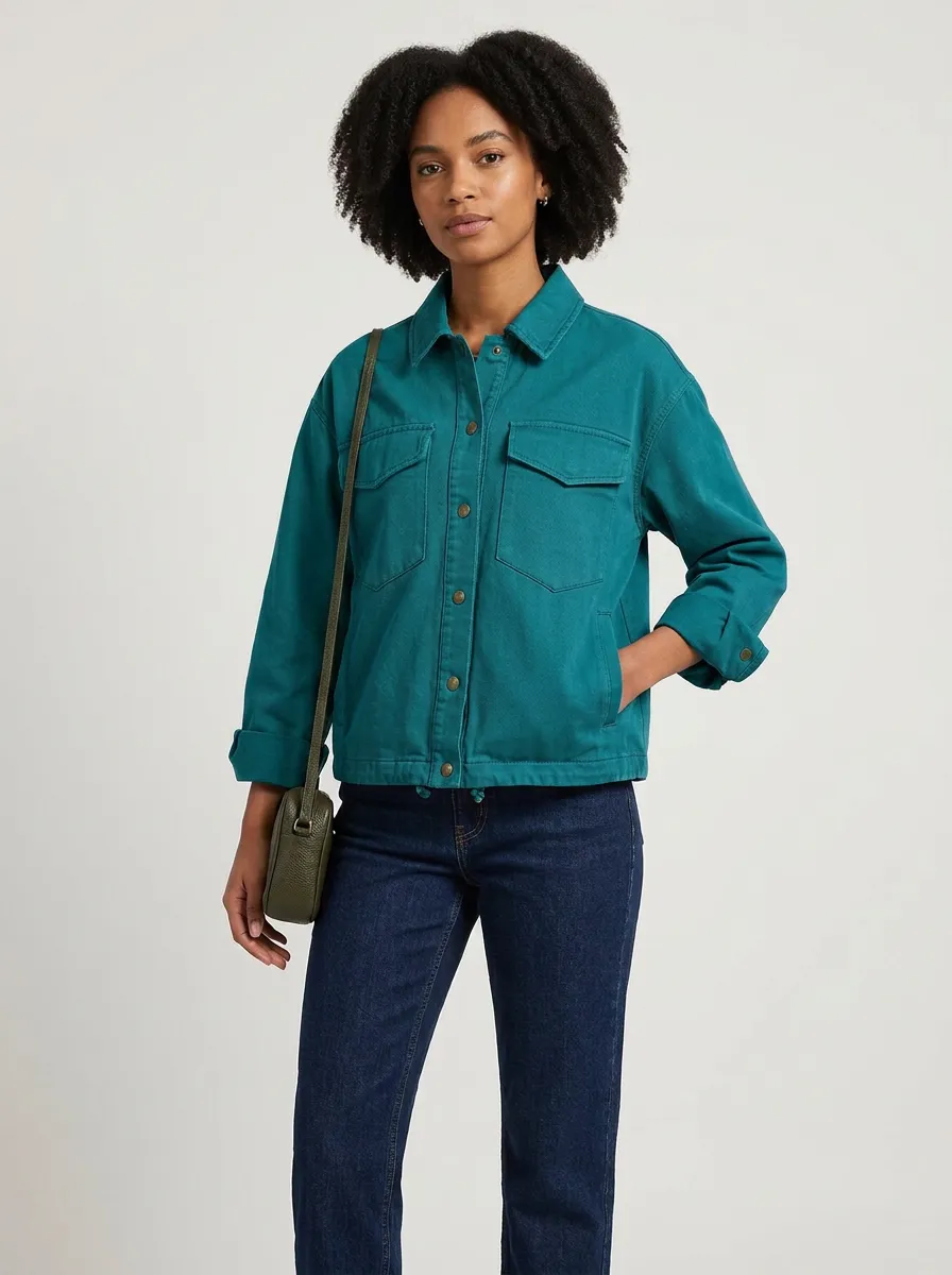 Women's Casual Utility Style Olive Green Button-Up Jacket