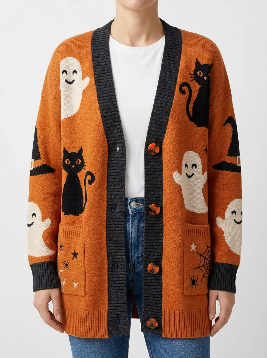 Women's Halloween Ghost Cat Pattern Printed Cardigan