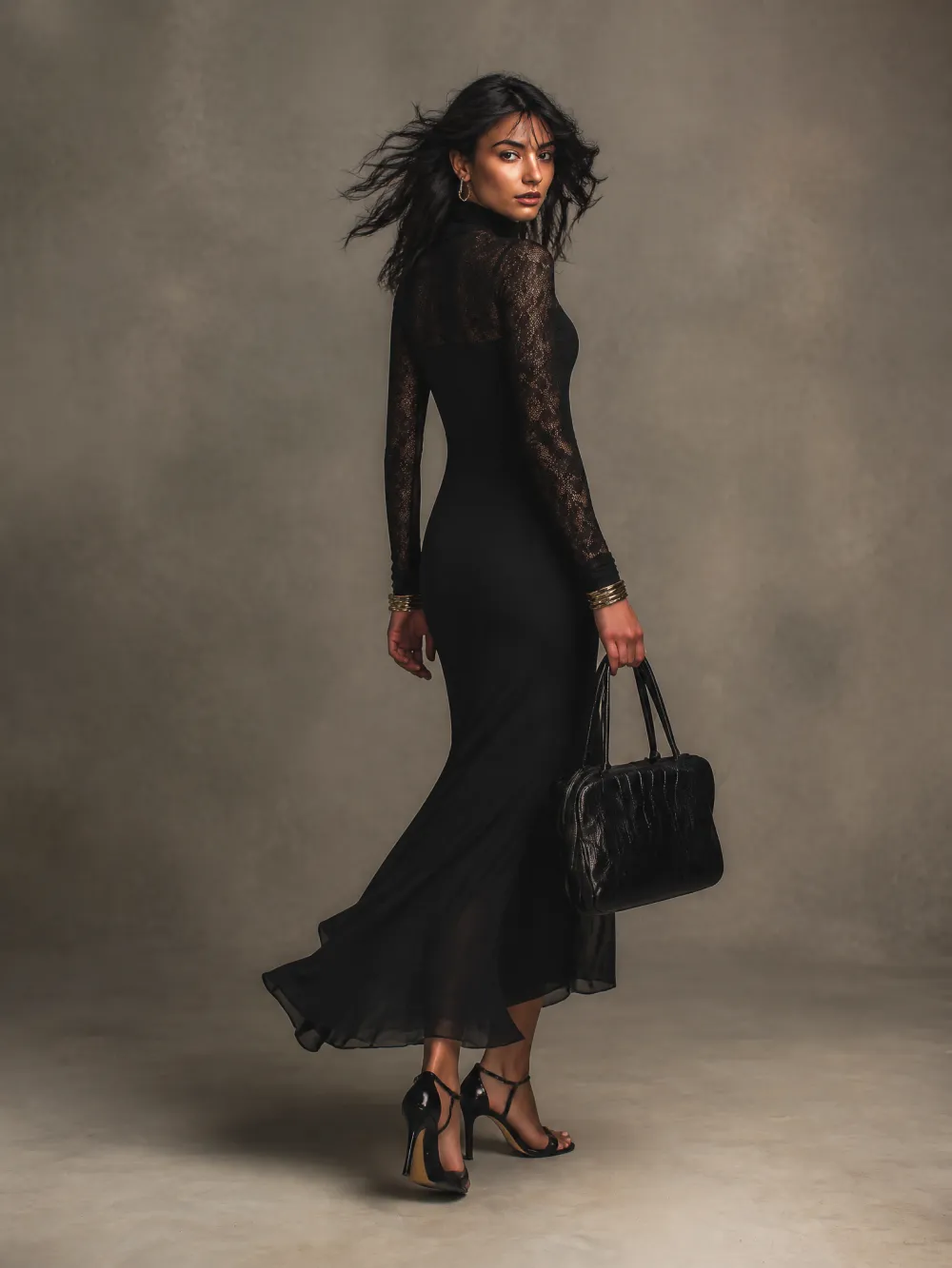 Elegant Lace Splice Long Sleeve Turtleneck Bodycon Maxi Dress