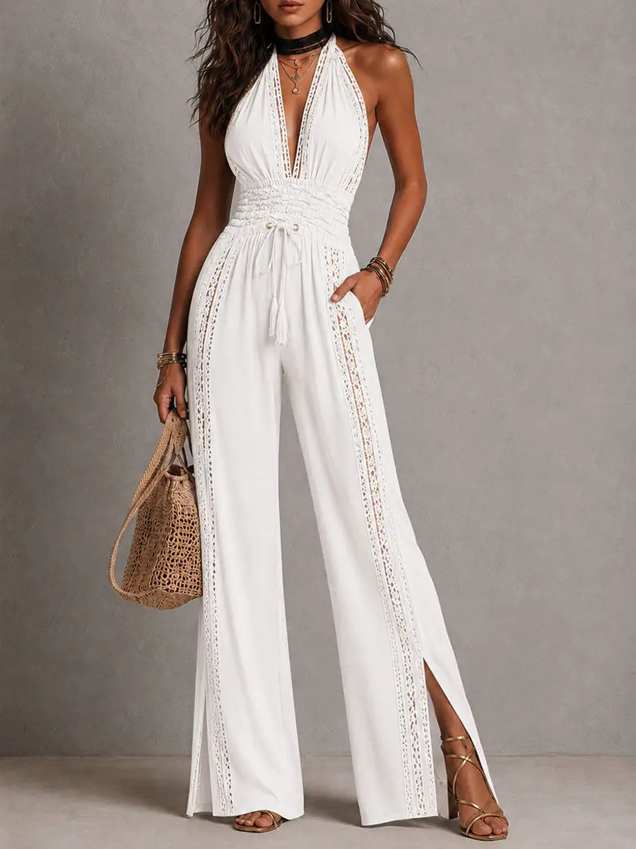 Boho Elegant Lace Panel Smocked Waist Wide Leg One-Piece Jumpsuit