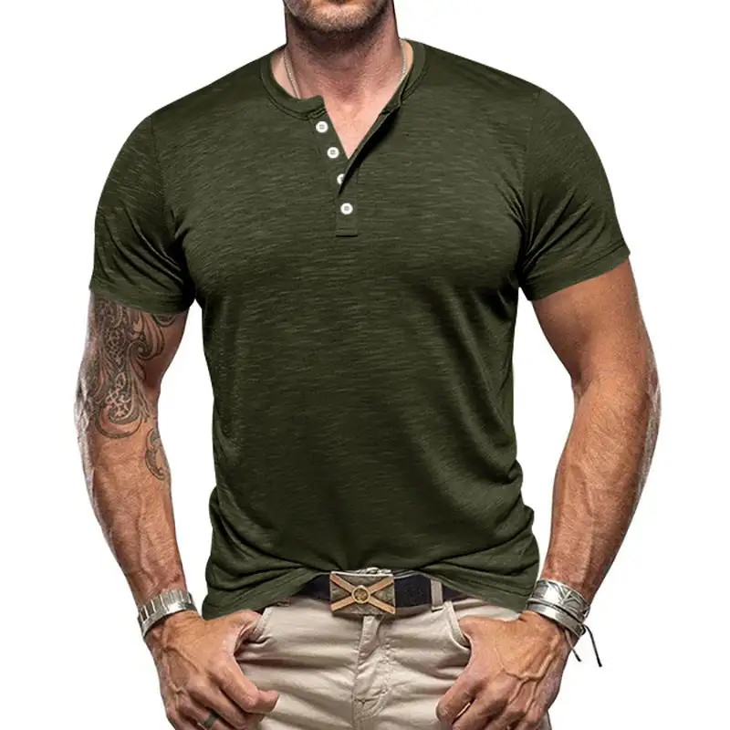 Men's Nano Athletic Henley T-Shirt Structured Slub Cotton With Short Button Placket