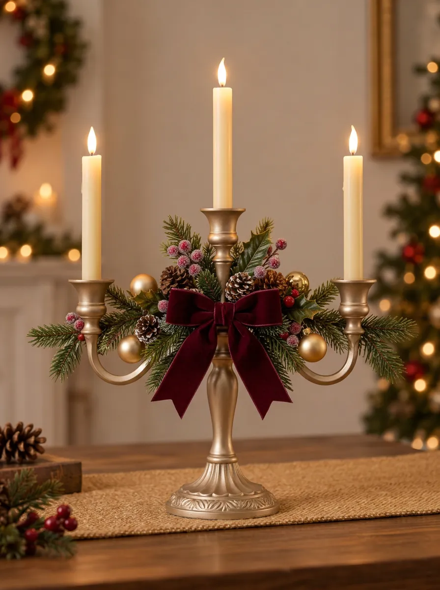 Festive Pinecone Velvet Bow Candle Holder