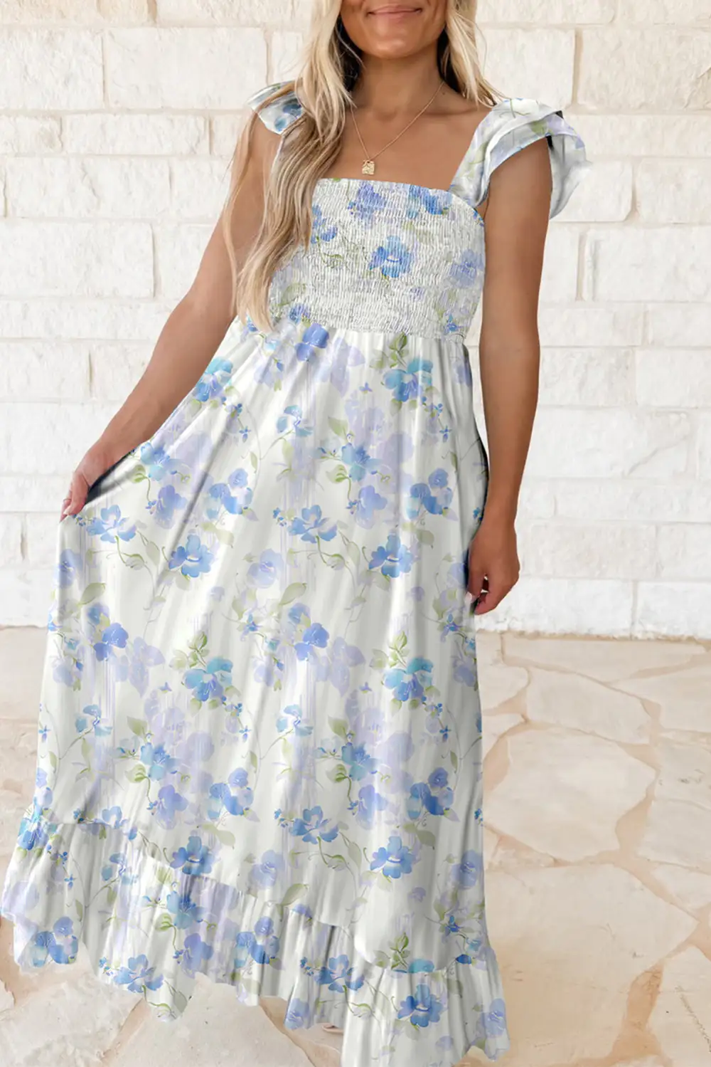 Floral Smocked High Waist Double Ruffle Sleeveless