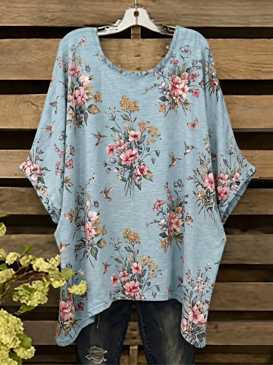 Hummingbird Floral Oversized Women's Loose Printed T-Shirt