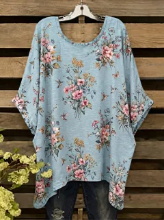 Hummingbird Floral Oversized Women's Loose Printed T-Shirt