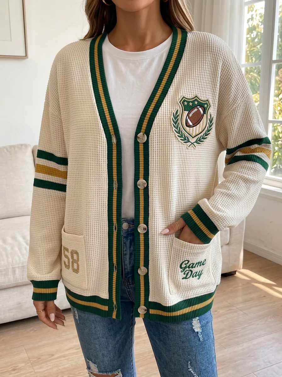 Women's Football Fan Game Day Shield Printed Waffle Cardigan