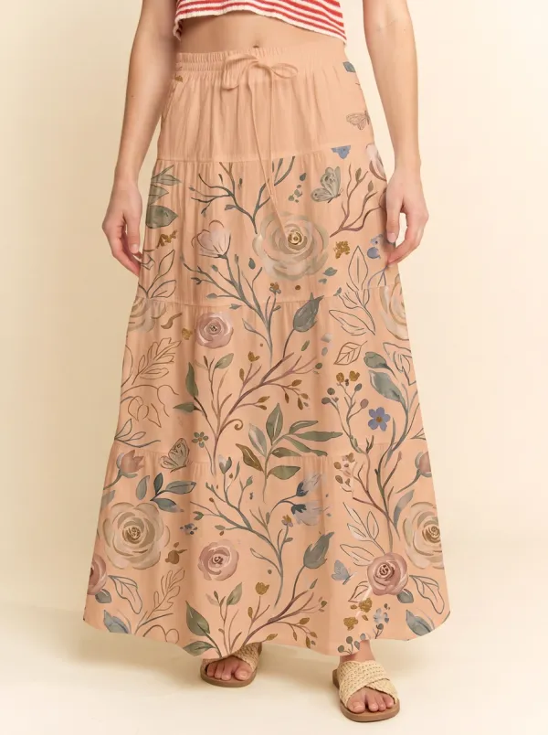 Women's Drawstring Botanical Floral Butterfly Printed Tiered Maxi Skirt