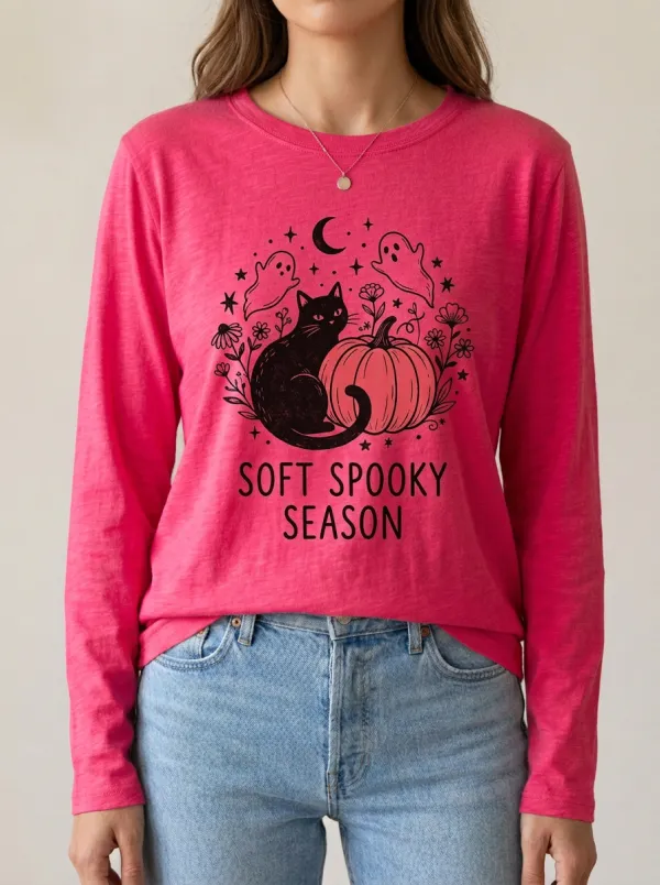 Cute-Spooky Ghost Cat Halloween Cotton Linen Long Sleeve Top