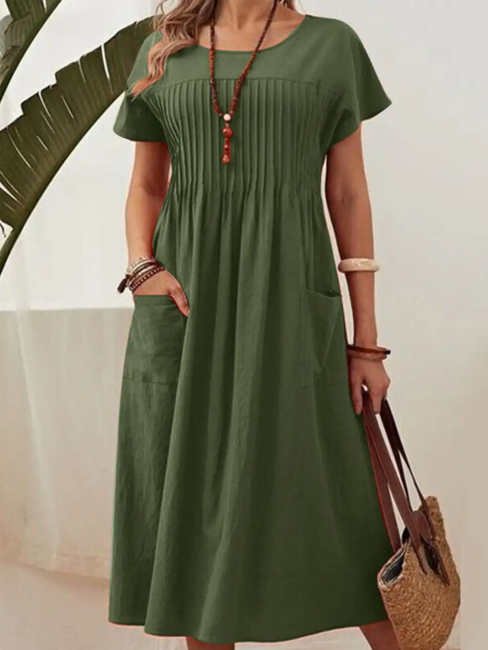 Full Size Round Neck Short Sleeve Midi Dress Plus Size