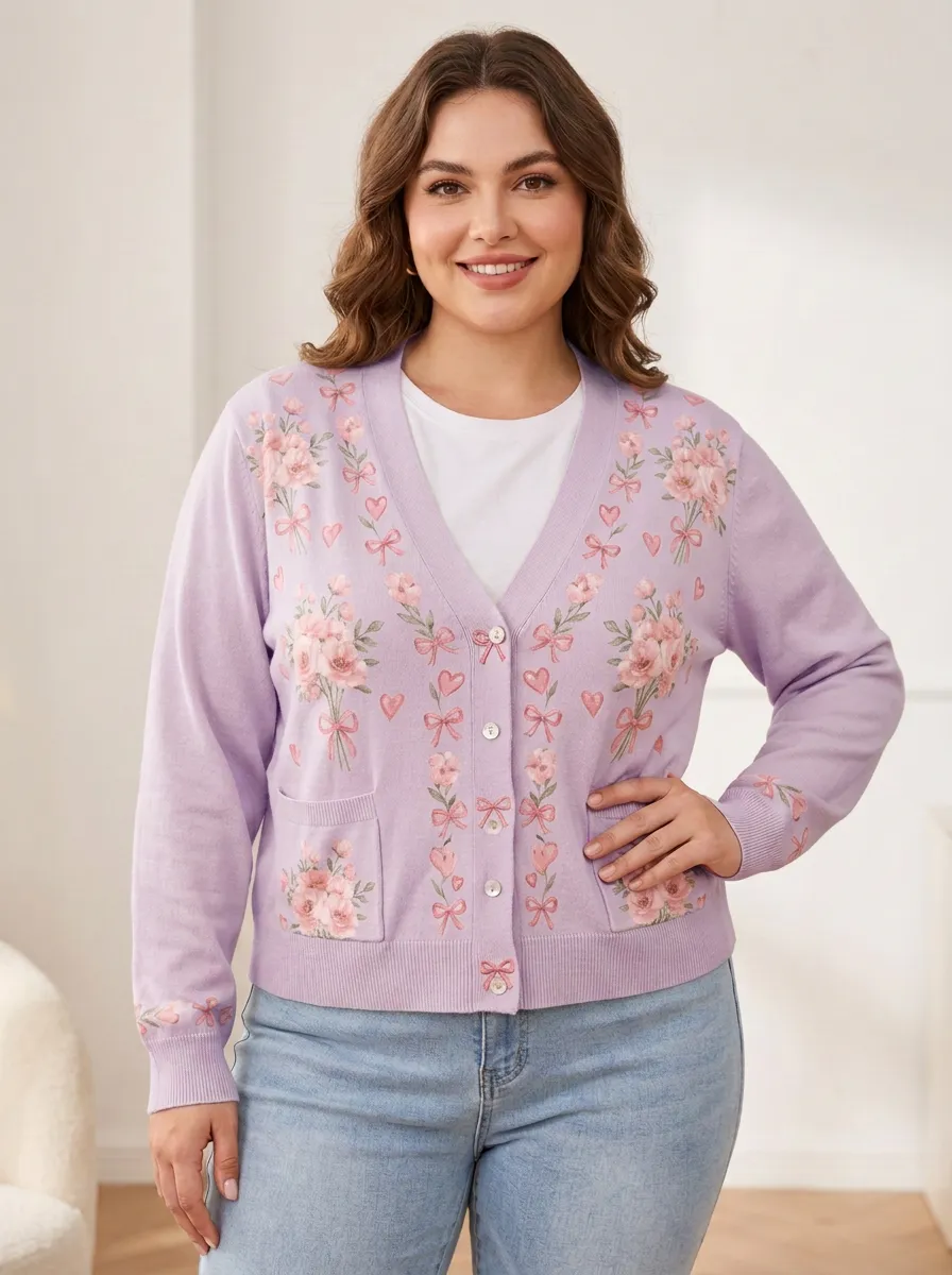 Women's Breast Cancer Awareness Pink Ribbon Floral Heart Printed Cardigan