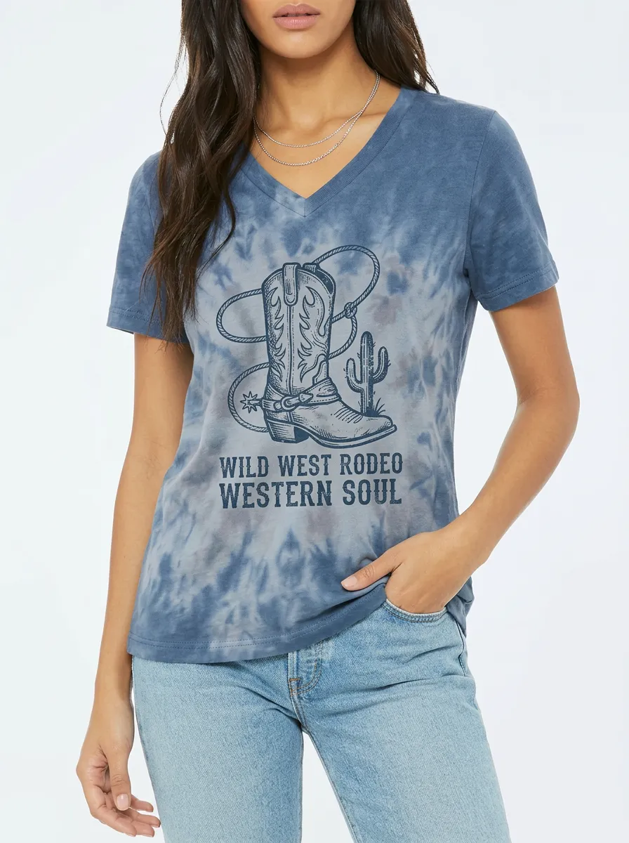 Women's Western Rodeo Cowboy Boot Cactus Printed Tie-Dye V-Neck T-Shirt
