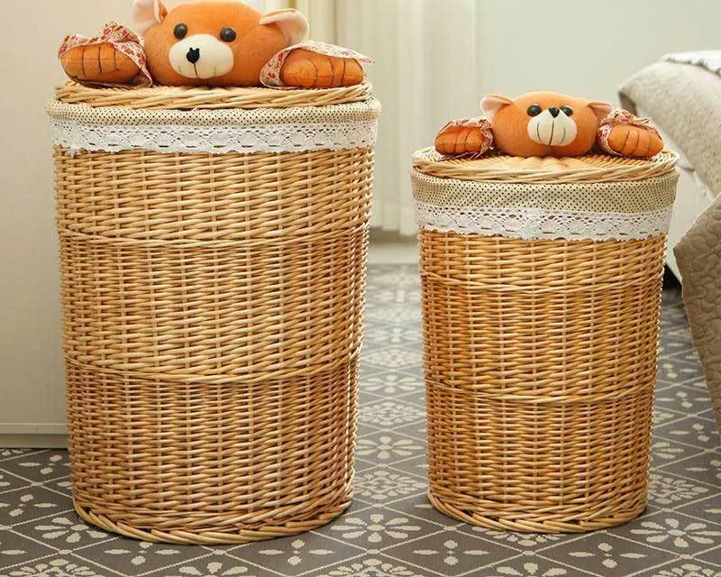 Lidded Woven Wicker Cotton  Laundry Basket