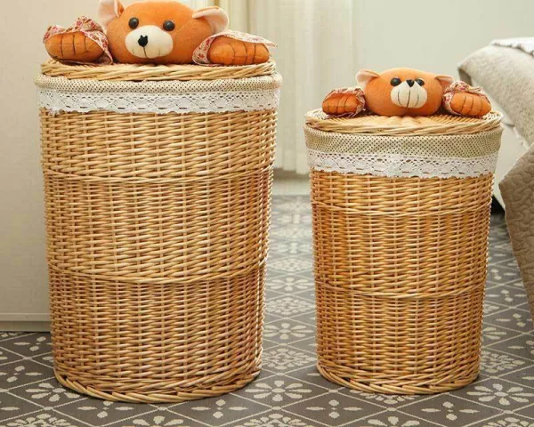 Lidded Woven Wicker Cotton  Laundry Basket