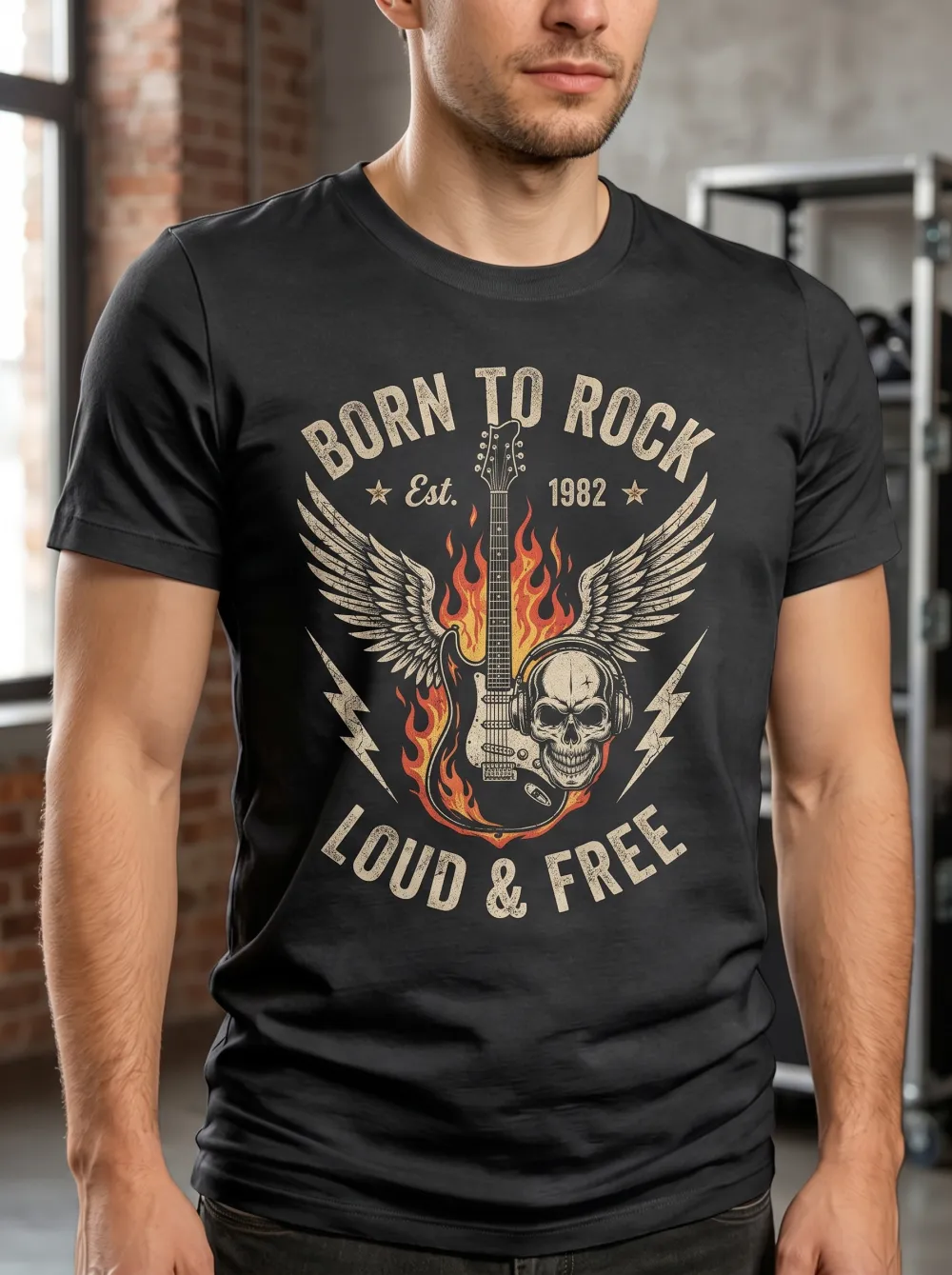 Men's Rock Music Lover Guitar Skull Flame Printed T-shirt