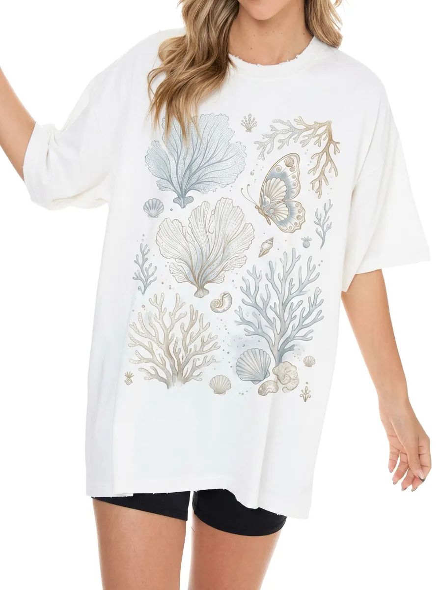 Women's Coastal Beach Lover Coral Butterfly Seashell Printed T-shirt