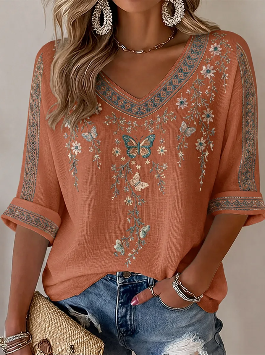 Women's Floral Butterfly Bohemian Printed Short Sleeve T-shirt