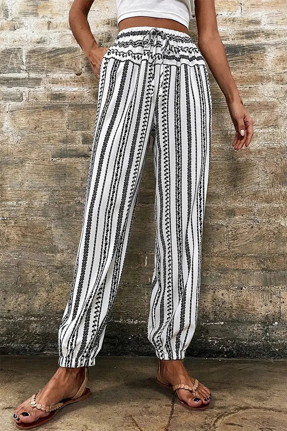 Elastic Waist Printed High Waist Drawstring Pants