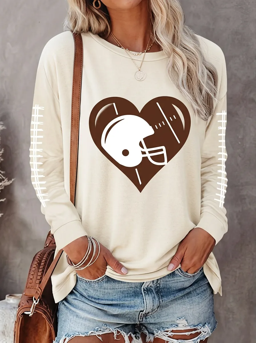 Women's Sport Inspired Gridiron Heart Helmet Ball Crewneck Long Sleeve T-Shirt