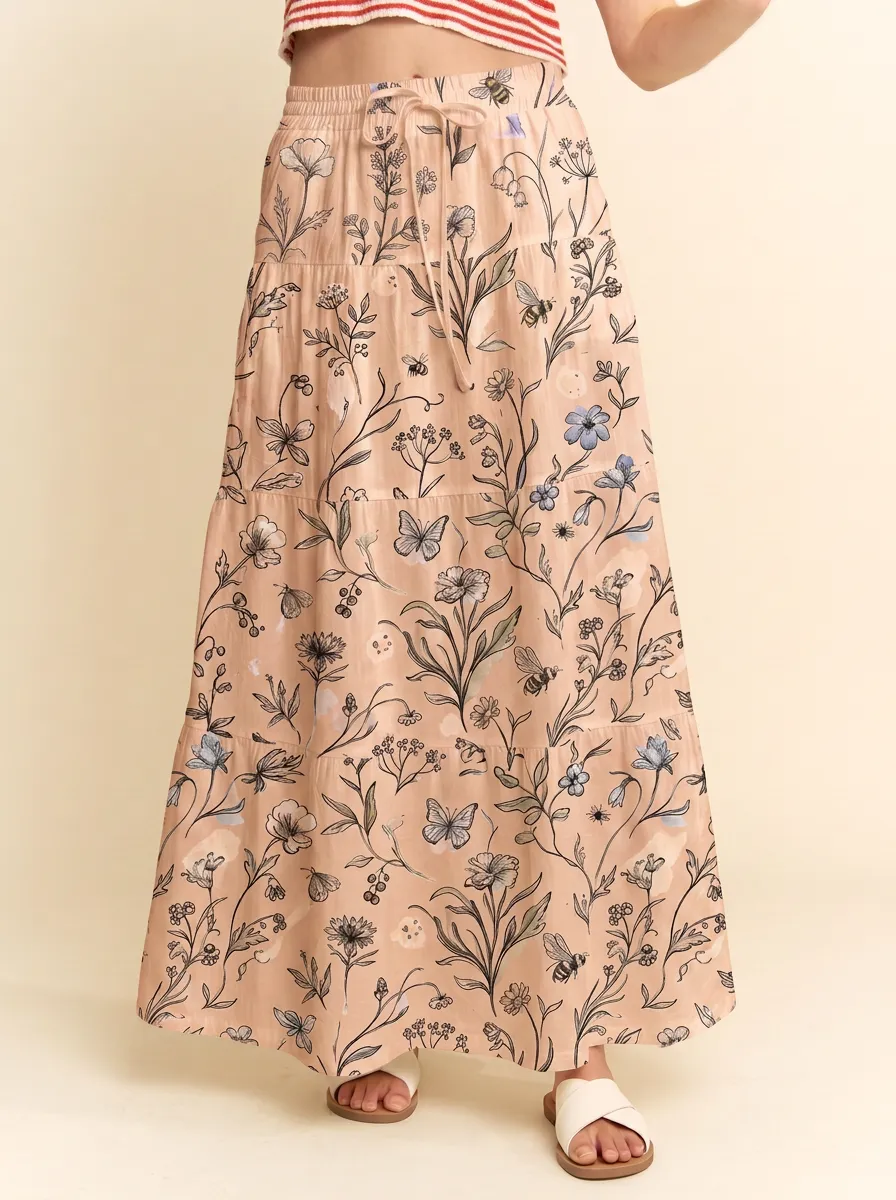 Women's Nature Lover Floral Bee Butterfly Printed Maxi Skirt