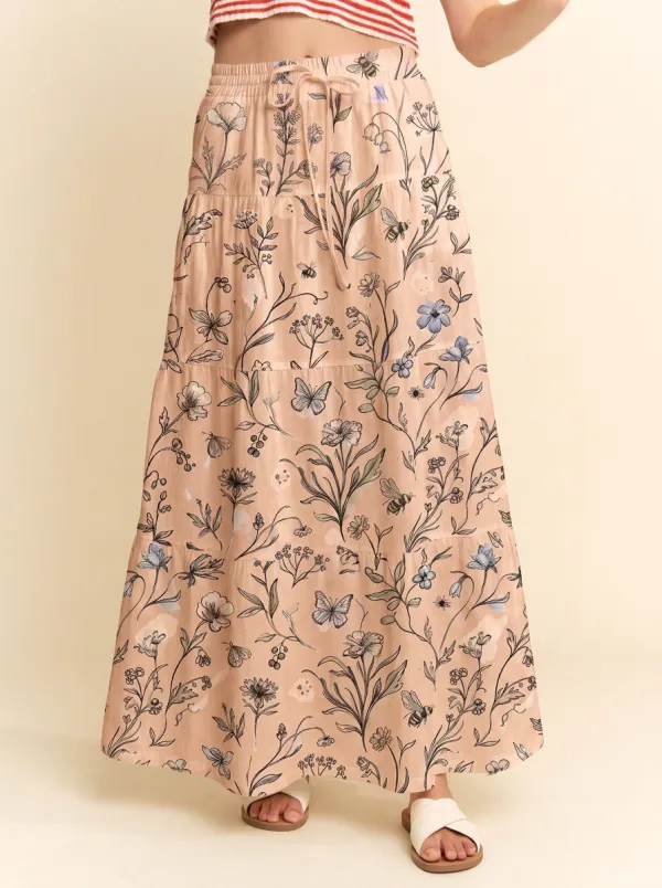 Women's Nature Lover Floral Bee Butterfly Printed Maxi Skirt