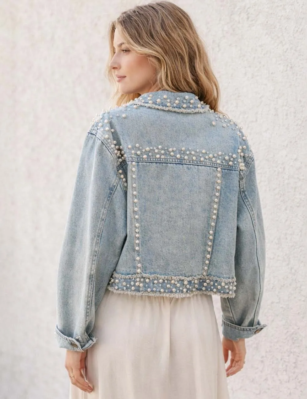 Faux Pearl Beaded Frayed Hem Cropped Denim Jacket