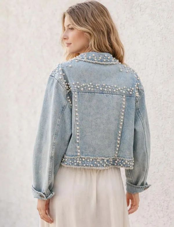 Faux Pearl Beaded Frayed Hem Cropped Denim Jacket