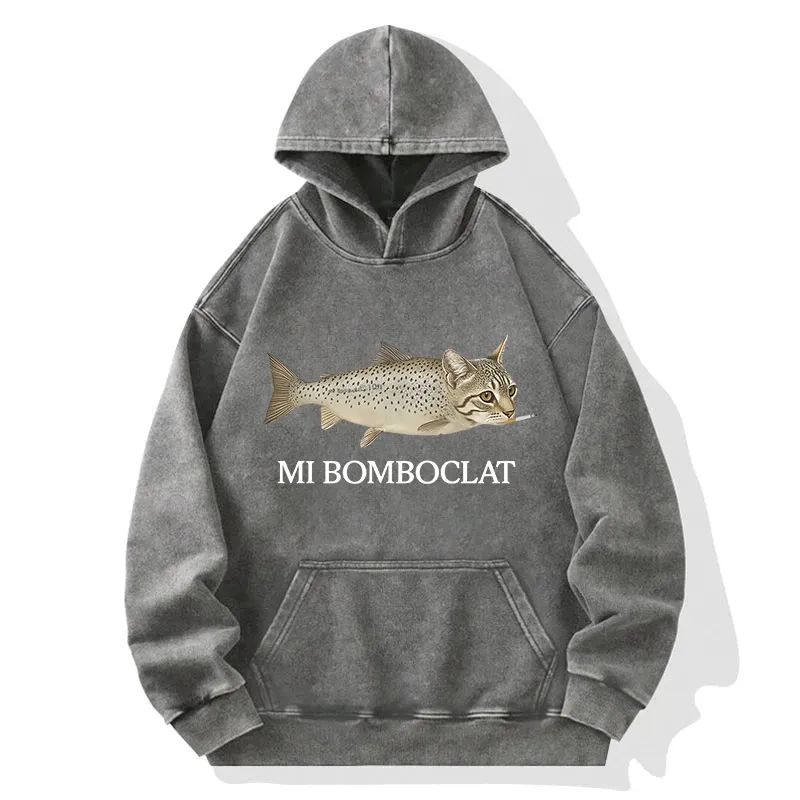 Fish Cat Meme Washed Hoodie