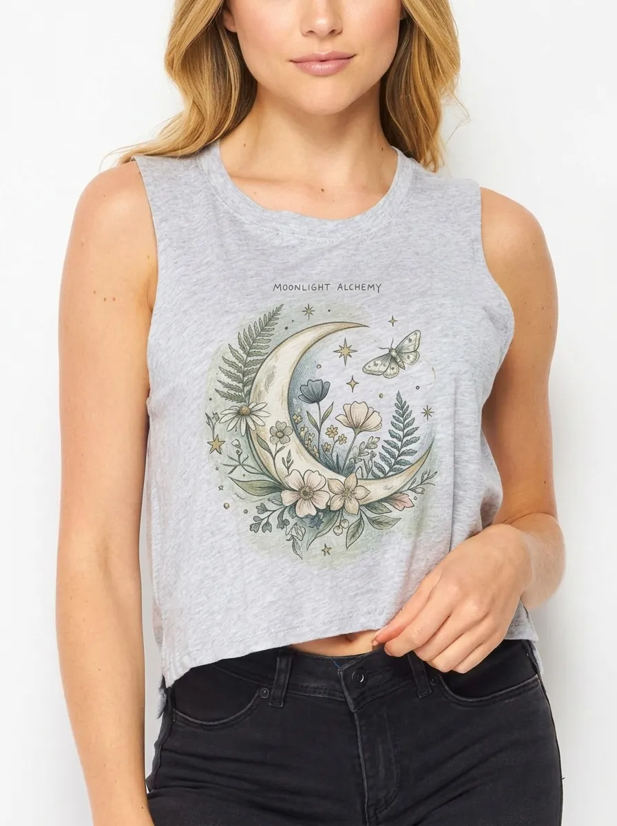 Women's Celestial Floral Moon Moth Printed Tank Top