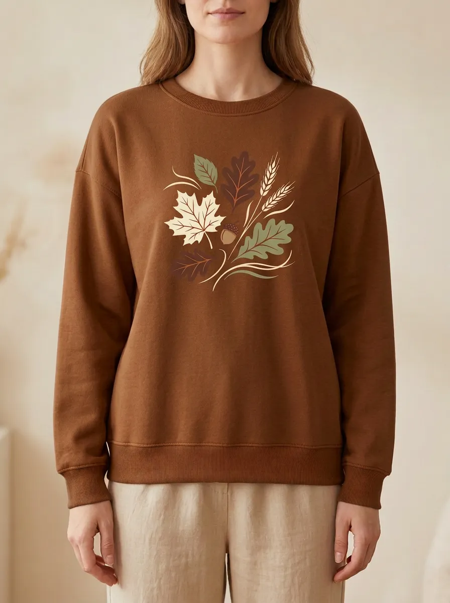 Layered Motif Maple-Leaf Printed Acorn Graphic Sweatshirt