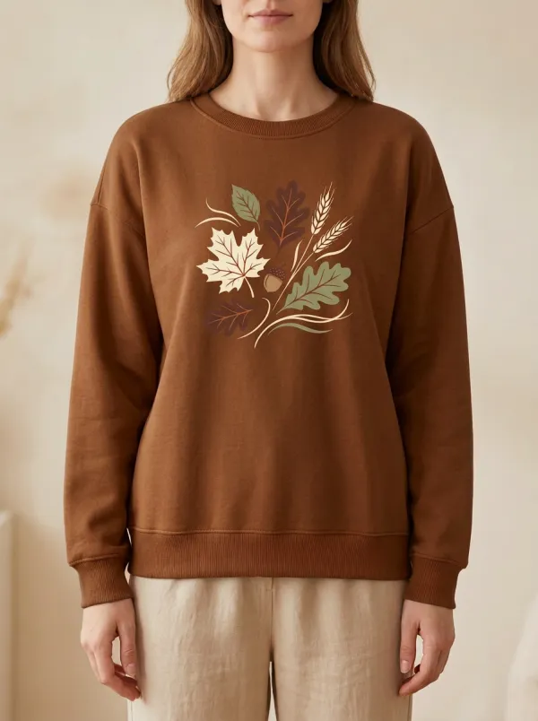 Layered Motif Maple-Leaf Printed Acorn Graphic Sweatshirt