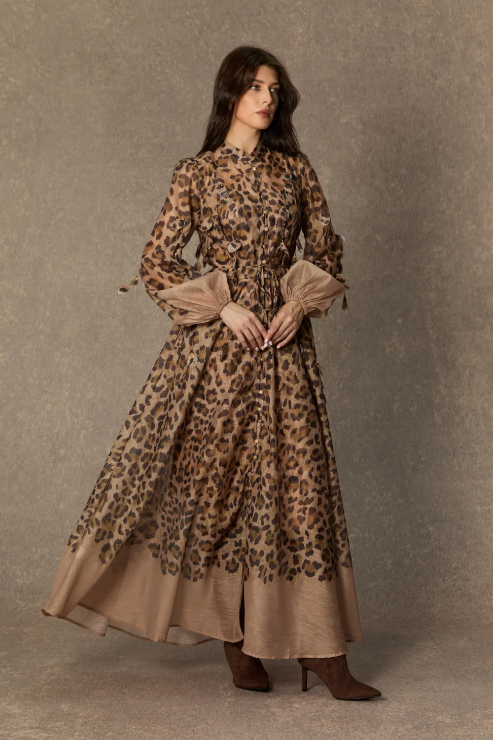 Infinite Praise Brown Leopard Print Leaf Applique Maxi Dress