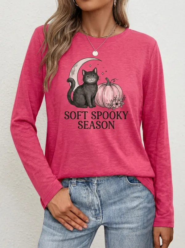 Cat Moon Halloween Cotton Linen Long Sleeve Top