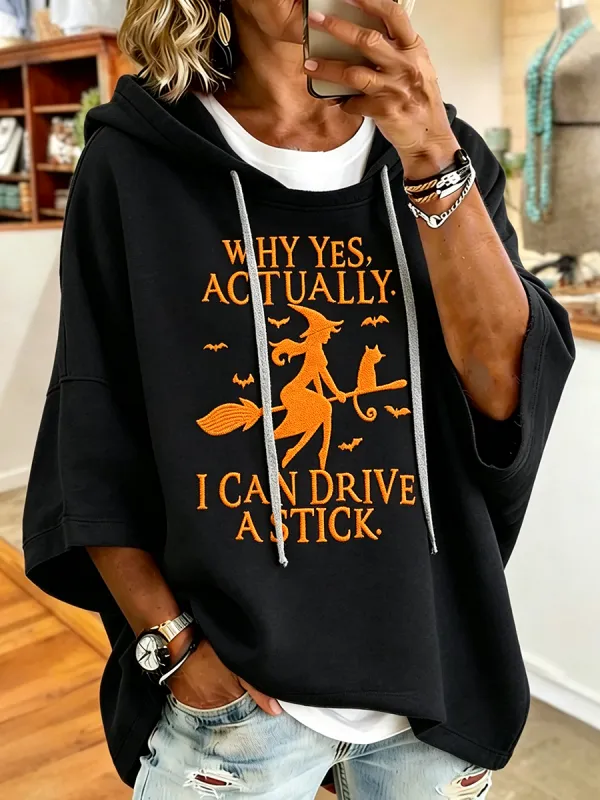 Women's I Can Drive A Stick Witch Broom Embroidery Oversized Hoodie