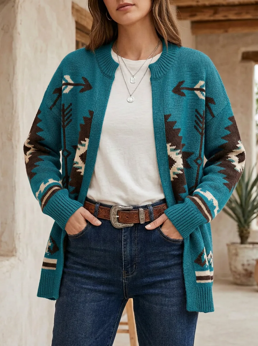 Women's Western Boho Arrow Pattern Knitted Cardigan
