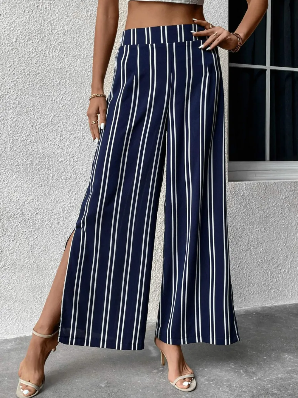 Wide Leg Striped Slit Detail Everyday Pants