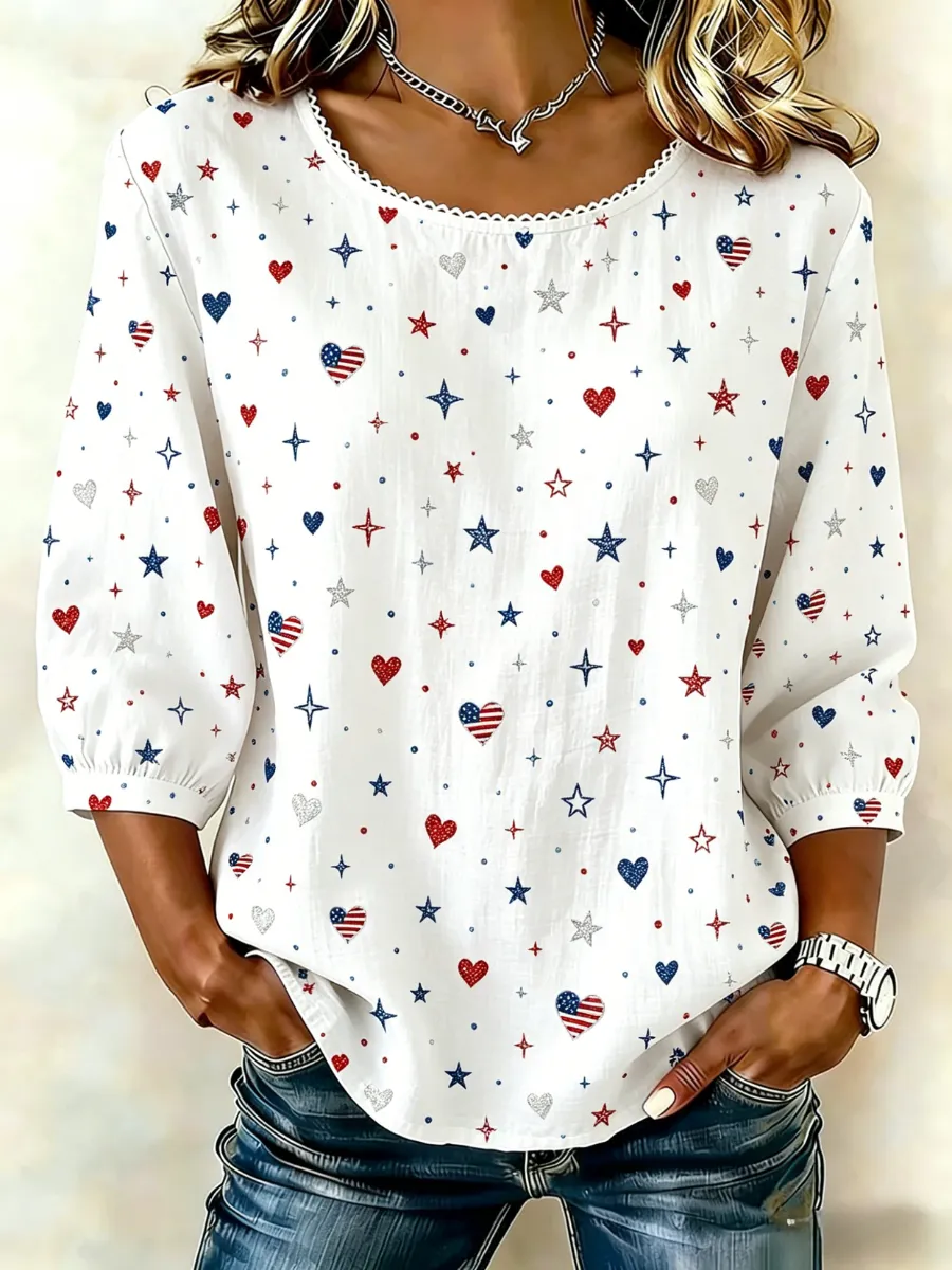 Women's American Independence Day 250Th Anniversary Linen-Cotton Printed Tops