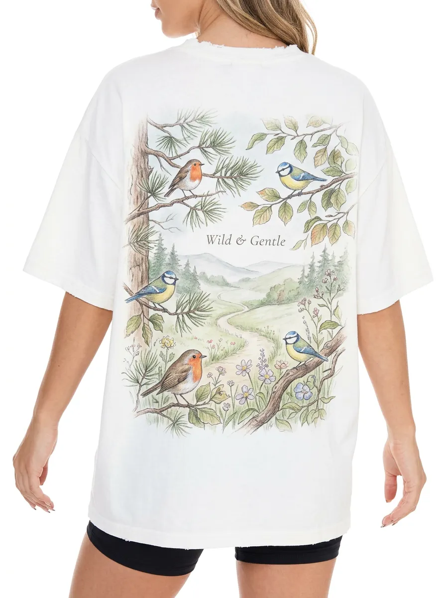 Women's Nature Lover Wild Bird Forest Printed T-shirt