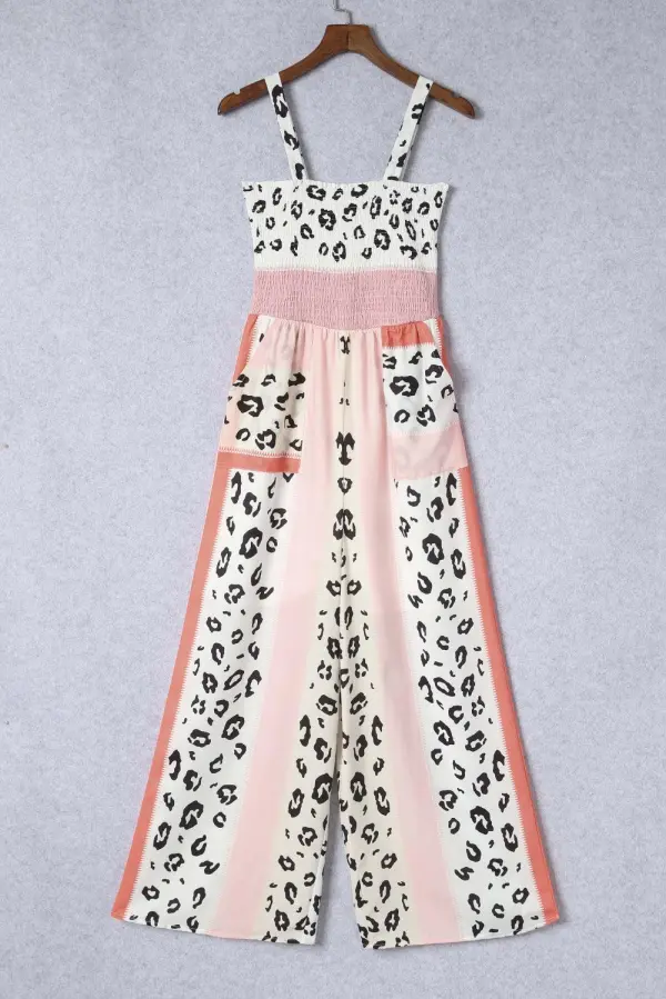 Leopard Blocked Pattern Smocked Jumpsuit