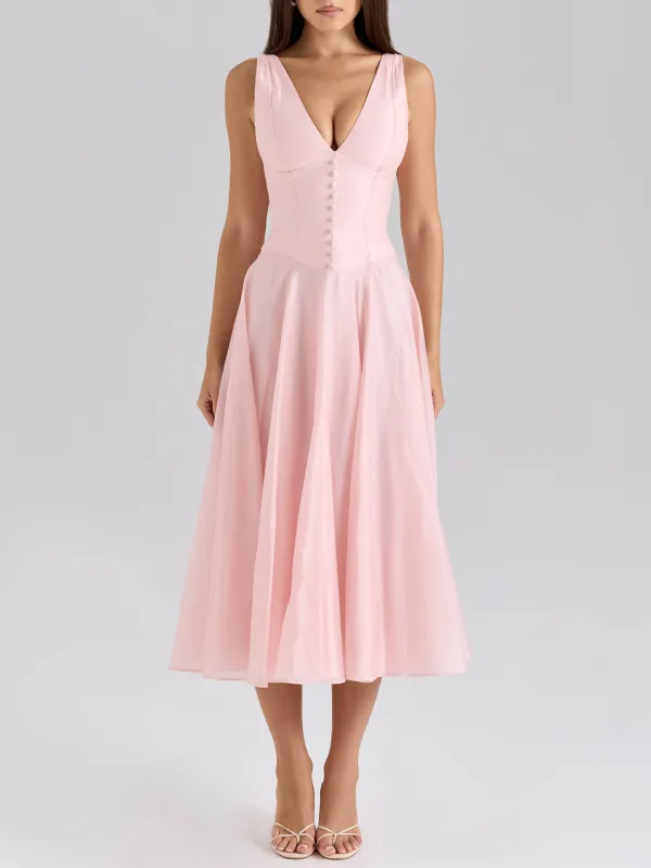 Elegant V Neck Chiffon Button Midi Dress