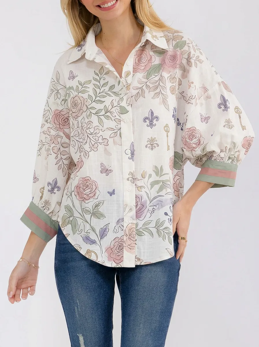 Women's Floral Rose Butterfly Fleur-de-lis Printed Button-down Shirt