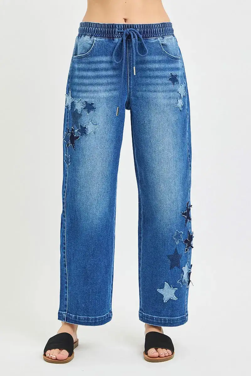 Barrel Leg Cropped Elastic Waist Drawstring Pocketed Denim Jeans