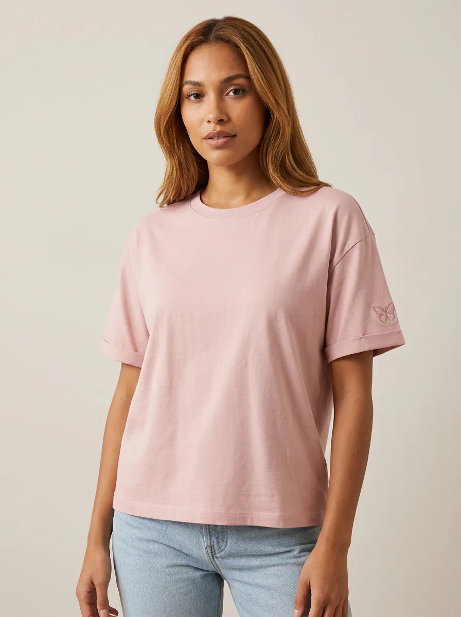 Women's Pink Butterfly Minimalist Embroidered T-shirt