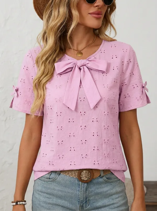 Women's Round Neck Bow-detail Embroidered Blouse