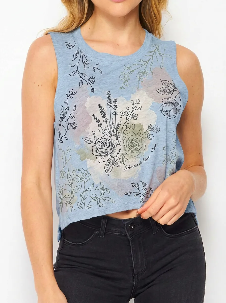 Women's Floral Garden Botanical Rose Printed Crop Tank Top